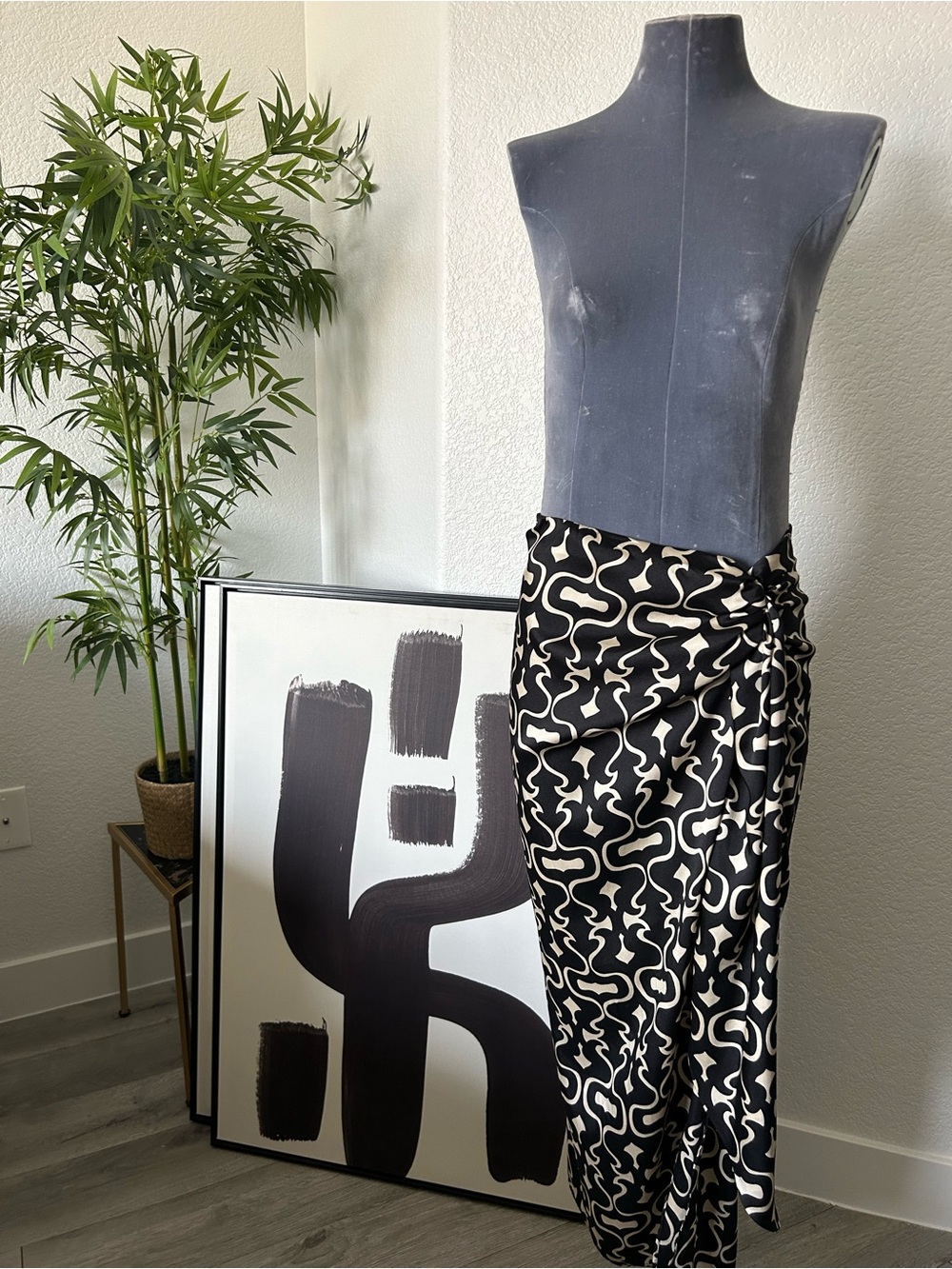 Zara Black & Cream Sash-Detail Midi Skirt